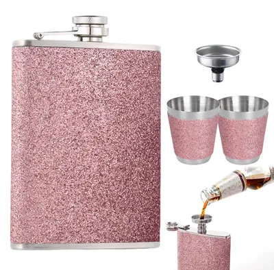 Edelstahl-Hüftflasche 240 ml mit Trichter und 2 Weingläsern, rosa