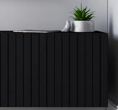 A close-up view of a black TV cabinet with decorative vertical slats, featuring a small potted plant and a decorative bird on top.