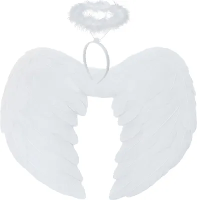 A pair of white angel wings and a matching halo headband are displayed against a white background.