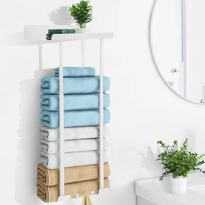 Obrázok produktu pre Vešiak na uteráky do kúpeľne, 38–75 cm, samolepiaci, bez vŕtania, s háčikmi, biely