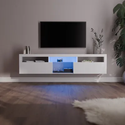 Produktbild von Klarstein TV Board Weiss, Wohnzimmer Möbel für TV, 150 cm Fernsehschrank mit Color-LEDs, Großes TV-Lowboard, Niedrige TV-Schränke mit Stauraum, Schrank für Fernseher, TV-Schrank Modern, Weiß