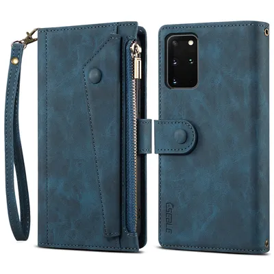Obrázek produktu pro Ochranné pouzdro pro Samsung Galaxy S20 Plus / S20 Plus 5G, kožené pouzdro na zip, skládací peněženka s přihrádkou na karty, stojánek a poutko modré