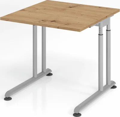 Produktbild von Schreibtisch Nilo | Asteiche | Silber Gestell | BxT 80x80cm | Arbeitshöhe 68-82cm | höhenjustierbar, 1cm Raster | C-Fuß-Gestell | Rechteckform