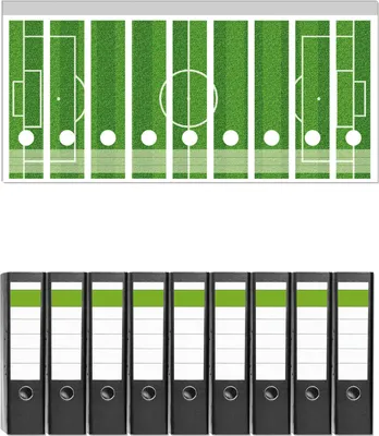 Produktbild von Wallario 9 Stück breite Ordner inkl. Klebeetiketten mit Motive Fußballfeld -  Set mit Rückenschildern / Ordnerrücken Stickern