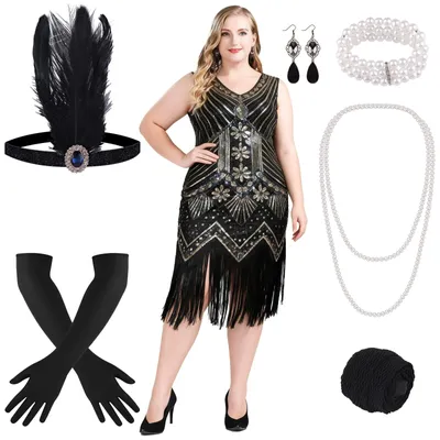 Immagine prodotto di Omgoods - Abito con paillettes a V, stile anni '20, con set di accessori (nero e oro, taglia grande)