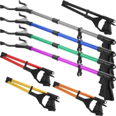 A collection of trash grabbers in various colors arranged in a diagonal line against a white background.