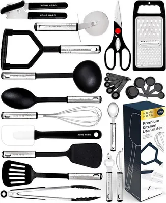 Image de Ensemble de 25 ustensiles de cuisine en nylon Unyqoos® – résistants à la chaleur et compatibles avec les surfaces antiadhésives, avec des manches en acier inoxydable 430, comprenant des spatules et des cuillères de cuisine