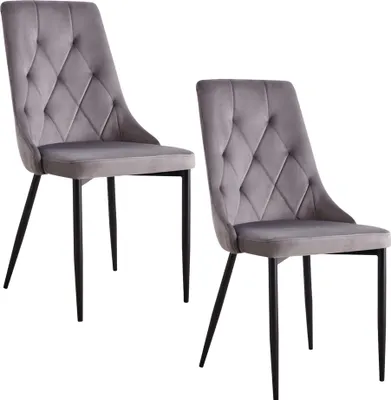 Two gray upholstered dining chairs with black metal legs are shown against a white background.