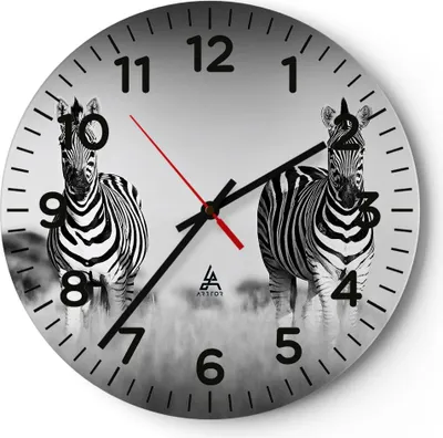 Produktbild von Wanduhr - Rund - Glasuhr - Zebras Fotografie Schwarzweiß - 30x30cm - Schleichendes Uhrwerk - Lautlos - zum Aufhängen bereit - Dekoration Modern - Wanddekoration aus Glas - C4AR30x30-4476