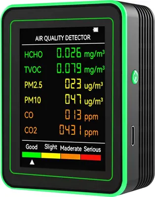 Produktbild von 6-IN-1 Luftqualitätsmonitor, Multifunktionaler Kohlendioxiddetektor, Wiederaufladbar Raumluft-Analysegerät für PM2.5, PM10, CO, CO2, HCHO, TVOC
