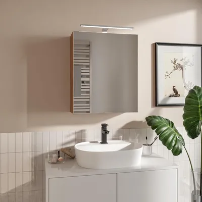 Obrázek produktu pro HAJDUK FURNITURE Koupelnová skříňka se zrcadlem 50x60 cm Dub Sonoma s LED osvětlením Poličkou a bezúchytkovým otevíráním Nástěnná zrcadlová skříňka