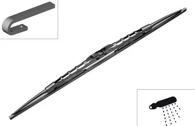 A close-up product shot of a car windshield wiper and a small inset image of a connection piece, against a white background.