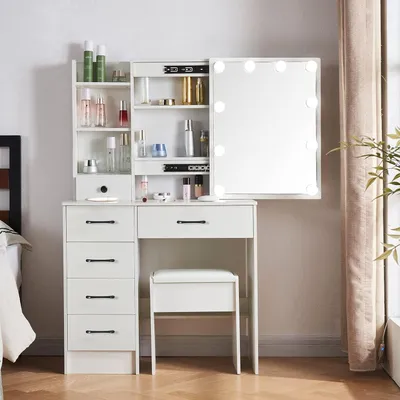 Obrázek produktu pro Toaletní stolek s taburetem, LED světlem a 6 zásuvkami 36x80x131 cm