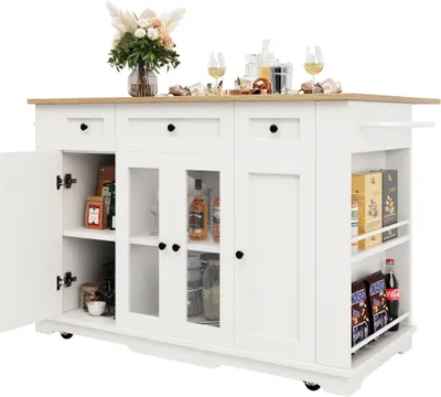 Produktbild von Kuecheninsel 151.5 x 85 x 91.7 cm (L x B x H) Weiss abnehmbare Trennwaende Kuechenschrank Esszimmerwagen mit Arbeitsplatte Buffetschrank Esszimmerwagen