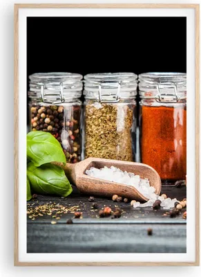 Produktbild von Gerahmtes Poster - Rahmen in heller Eiche - Gewürze Knoblauch Holz Salz - 70x100 cm - Wand Bild - Wanddeko - Wandbilder - Wandposter - Bilderrahmen - Bilder - Kunstdruck - Wandbild - P2NPA70x100-2896