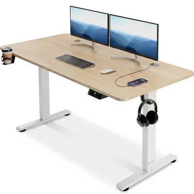 Produktbild von CASARIA® Höhenverstellbarer Schreibtisch 140cm Beige Gestell Tischplatte Gaming Tisch LCD Display Memoryfunktion Elektrisch mit Zubehör Computertisch Büro