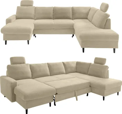 Produktbild von Wohnlandschaft U-Form Sofa Schlaffunktion Couch Bettkasten in Cord Beige Grau / 17205