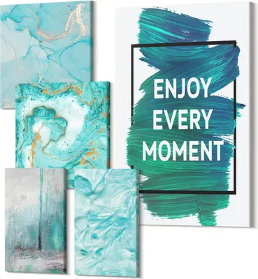 Produktbild von Leinwandbild Set 5-teilig – Modernes Wandbild – Polycanvas Kunstdruck – Abstrakte Bilder – Hochwertige Wandkunst – 2x 30x30 cm + 2x 20x30 cm + 1x 40x60 cm – Abstrakte Kompositionen mit inspirierenden Inschriften und Mustern