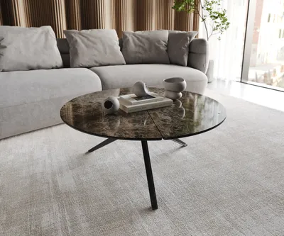 Produktbild von DELIFE Couchtisch Delron 90x90 cm Keramik Emperador Extra Lucidato Dunkelbraun Kreuzfuß Flach Metall Schwarz