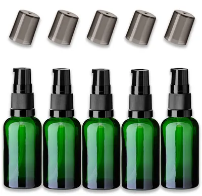 Produktbild von 5x Grüne Glasflasche 30 ml mit schwarzer Pumpe Kosmetikverpackung Set