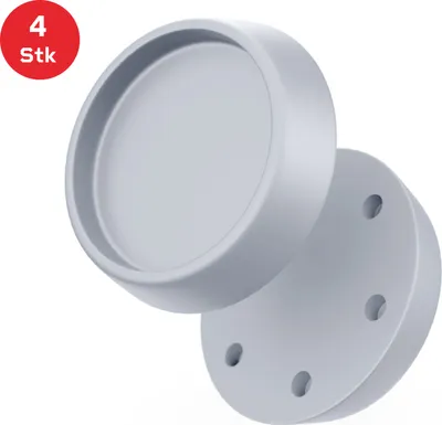 Two light gray, round, disc-like objects, possibly washing machine feet, are shown against a white background. One object is positioned above and slightly to the left of the other. The top object has a recessed circular area, while the bottom object has fo