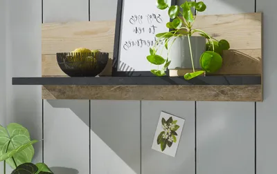 A shelf with decorative items, including a plant and a bowl of fruit, mounted on a wall.