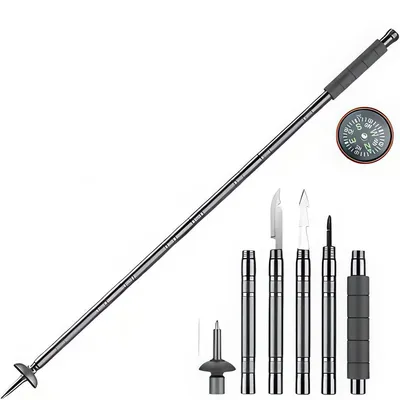 Produktbild von Leichter 100cm Aluminium-Wanderstock, 5-teilig mit Kompass, Schraubendreher und Pfeife für Wanderwege und Reisen