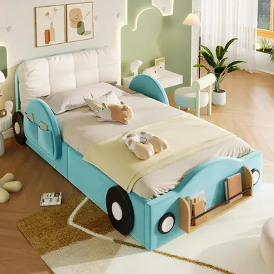 Produktbild von okwish Kinderbett 90×200 mit Bücherablage und Seitentaschen, Polsterbett mit Kopfkissen,Jugendbett mit Bettkasten,Blau,ohne Matratze