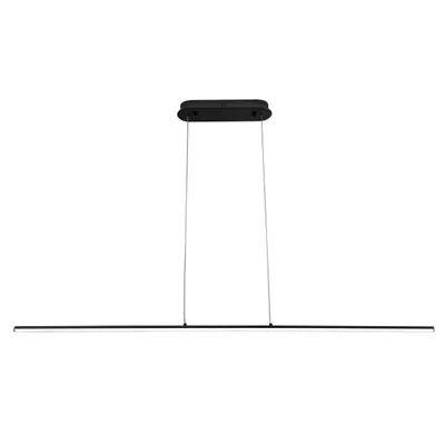 A minimalist black LED light bar suspended by thin wires against a white background.