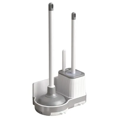 Produktbild von WC-Bürsten, 3-in-1-WC-Bürsten-Plunger-Set, Toilettenbürste, WC Bürstengarnitur, stehendes/wandmontiertes Toilettenschrubber- und Kolbenset, grau