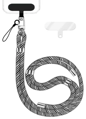 Produktbild von HoldMe Edition - Lanyard mit Karabiner Silber & 2 Pads - Universal Handykette Nylon Umhänge Band -  Schwarz Weiß