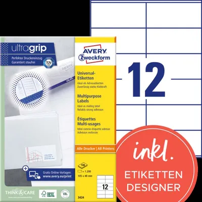 Obrázek produktu pro Avery - Mehrzwecketiketten - weiß - 105 x 48 mm 1200 Etikett(en) (100 Bogen x 12) (3424)