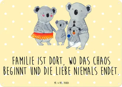 Produktbild von Mr. & Mrs. Panda tafel Koala Familie DIN A3 - Gelb Pastell - Geschenk, wandtafel, Koalas, Family, Muttertag, Blechschild, Blechtafel, Schild, Kinder, Türschild
