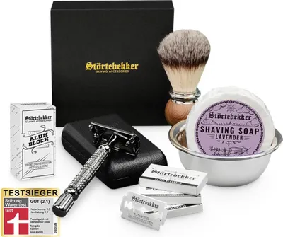 Produktbild von Rasierset - Rasierhobel 'Hamburg' Schwarz – Lederetui Schwarz - Lavendel