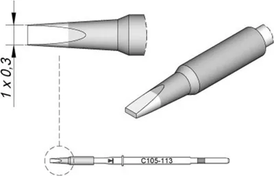 Obrázek produktu pro JBC Tools C115113 Pájecí hrot dlátovitého tvaru, rovný Velikost hrotu 0,3 mm Obsah 1 ks.