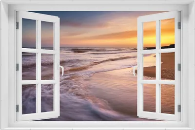 Produktbild von Wallario Wandbild mit Fenster-Illusion: Sonnenuntergang am Strand - Abendspaziergang, Größe: 61 x 91,5 cm, Poster mit rahmenlosen Bildhalter