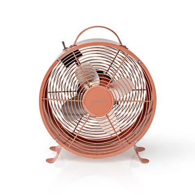 A copper-colored retro desk fan is shown against a white background.
