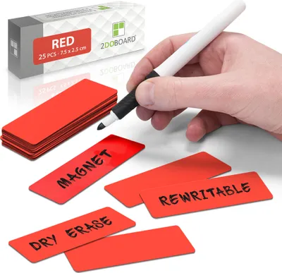 Produktbild von 2DOBOARD Magnetstreifen beschreibbar - 7,5 cm x 2,5 cm Rot - 25 Stück - Wochenplaner, Organizer – Für Metallschränke, Kühlschränke, magnetische Oberflächen