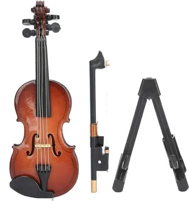 Productafbeelding van Miniatuur houten viool - Gemaakt van bassenhout - 7 cm hoog - Miniatuur - Decoratie - Inclusief strijkstok - Model - Miniatuur muziekinstrument