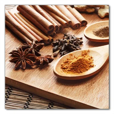 Produktbild von Wallario selbstklebende Möbelfolie/ Tischdecke für Innen und Außen, Größe: 90 x 90 cm - Kräuter und Gewürze auf Holzlöffeln