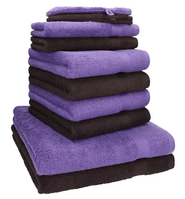 Produktbild von Betz 10-tlg. Handtuch-Set PREMIUM 2 Duschtücher 4 Handtücher 2 Gästetücher 2 Waschhandschuhe Farbe: dunkel braun & lila