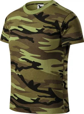 Produktbild von Tarnfarbenes Kinder-T-Shirt, 100% Baumwolle, ohne Aufdruck, einfarbig, 160g/m2, Farbe Tarnung grün, Größe 110 cm / 4 Jahre