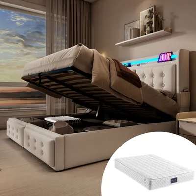 Produktbild von STILVORA Polsterbett 140x200cm Hydraulische Jugendbett mit Stauraum, Einzelbett mit LED-Kopfteil und USB-C Ladefunktion, Lattenrost, Beige (Mit Matratze)