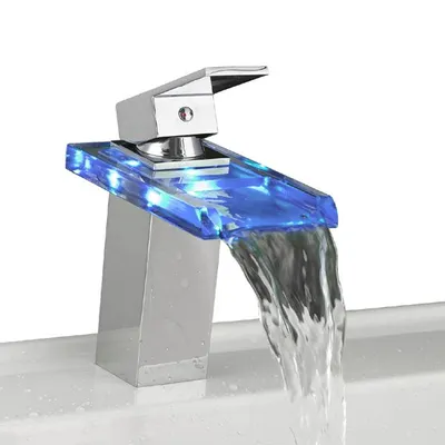 Produktbild von LED RGB Wasserfall Glas Armatur Waschbecken Bad Chrom | Wasserhahn Waschtisch | Einhebelmischer Waschtischarmatur | Einhandmischer Badarmatur