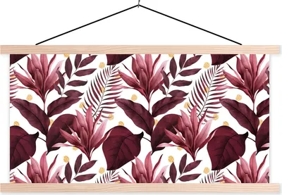 Produktbild von MuchoWow® Textilposter Blätter - Lila - Gold 60x30 cm mit holzfarbenen Rahmen - Dekoration