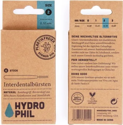 Produktbild von Hydrophil Nachhaltige Interdentalbürsten aus Bambus, Bambus, China, Bisphenol A (BPA), Schiebe die Zahnzwischenraumbürste vorsichtig in den Spalt zwischen zwei Zähnen. Bewege die..., 6 Stück(e), Box