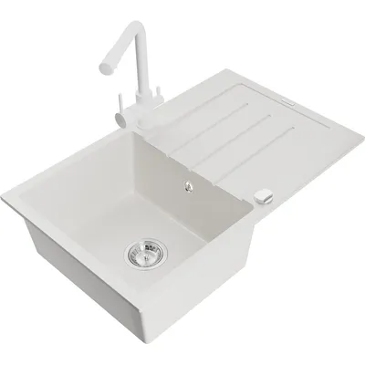 Obrázek produktu pro Mexen Bruno 1-miskový granitový dřez s odkapávačem a kuchyňskou baterií Duero, Bílá - 6513-20-671600-20