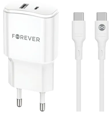 Image de Forever Chargeur secteur Pd Qc Tc-01-20Ac, blanc, avec 1 port USB-C et 1 port USB, 20W + Câble USB-C - USB-C, 20W