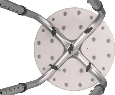 The underside of a round shower stool with adjustable legs.