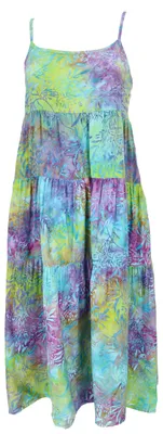 Produktbild von Boho Sommerkleid, Luftiges Midikleid, Stufenkleid in Leuchtender Wachsbatik - Grün, Damen, Viskose, Größe: L